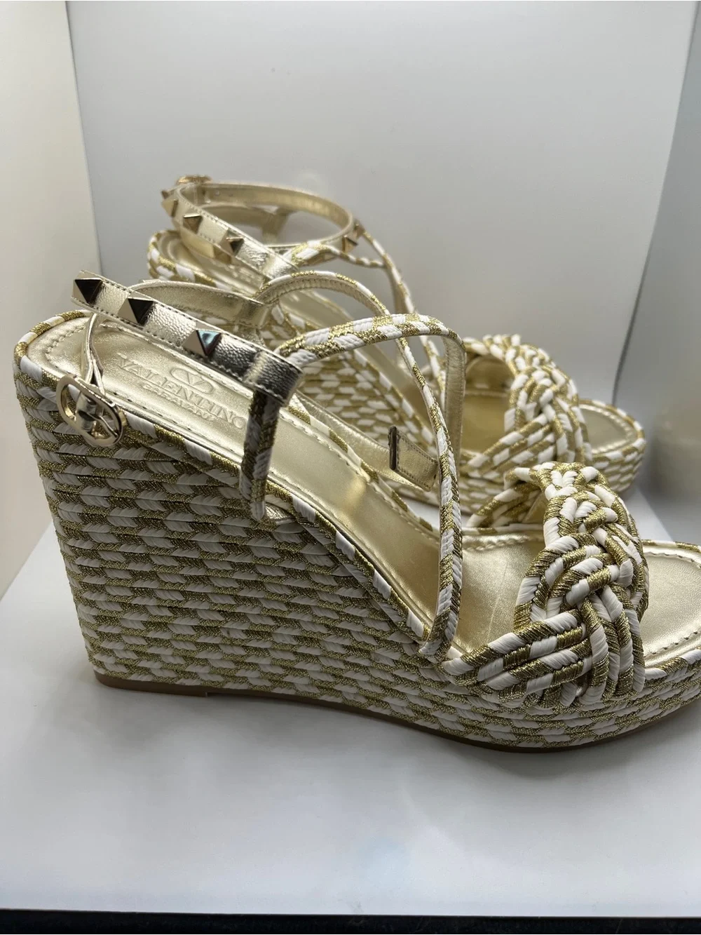 Valentino Garavani Metallic Gold and White Braided Ankle-Strap Heels